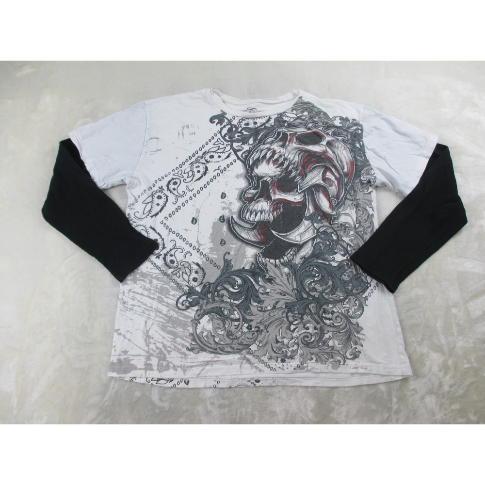 MMA Elite Shirt Mens 2XL XXL White Black Skull Grunge Long Sleeve*